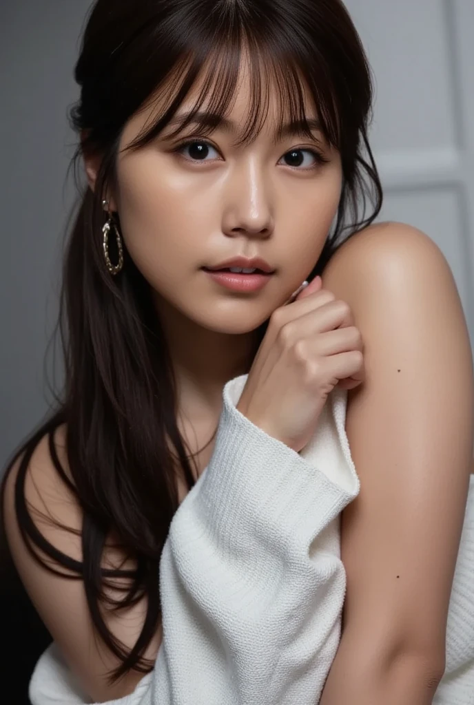 (Best Quality, 8k, 32k, Masterpiece, UHD: 1.2), Cute Japan Woman Pictures, Small Breasts, Long Hair, Upper Body, Face Focus, oversized_sweater, Necklace, Simple Background, From Above, Watch the Viewer,