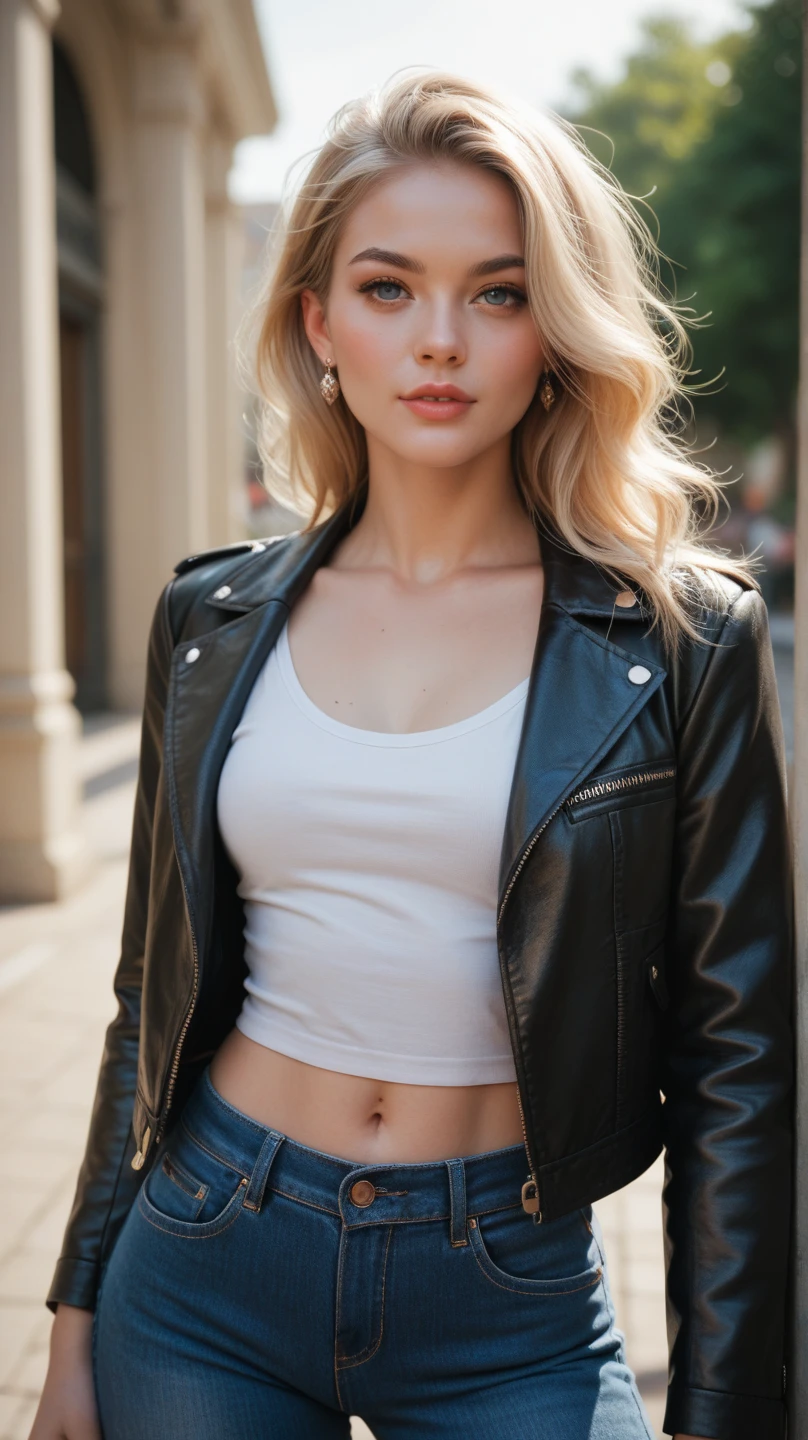 FRW, Very detailed CG Unity 8k wallpaper, a cute 18-year-old cute blonde Polish woman, a beautiful girl, a wonderful goddess, hot maiden, big breasts, blue eyes, pale skin (a masterpiece, beautiful person, well detailed face polluted smile, photorealistic, hyperrealistic), leather jacket clothes and tank top underneath, leather glove rubbing hands warming in a snowy street (blue open sky), and smiling (light lighting).