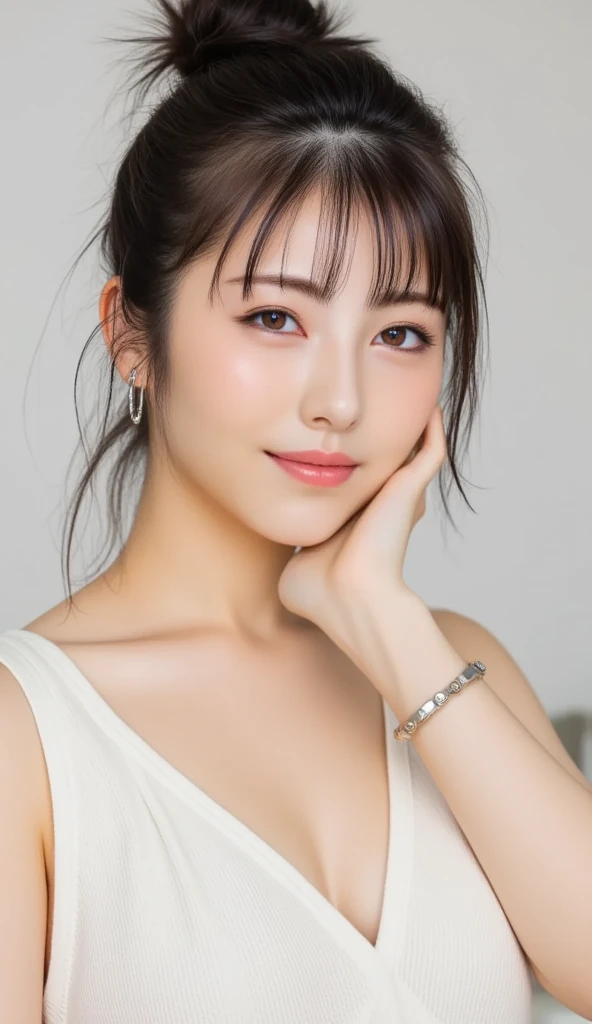 masutepiece, Best Quality, Illustration, Ultra-detailed, finely detail, hight resolution, 8K Wallpaper, Perfect dynamic composition, Beautiful detailed eyes, doress, short Hair, mid-chest, Natural Color Lip, Random and sexy poses,Smile, Blurred white studio background、20 years girl、Colossal 、Too much exposure、No shoulder dress(black)、Exposing the chest、Slid、I keep my hair tied up