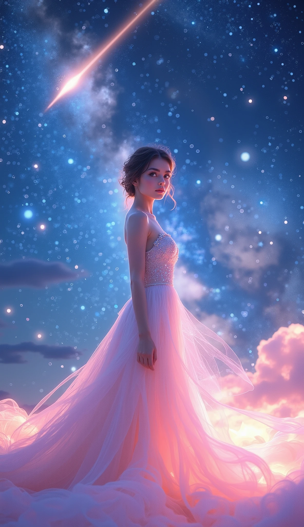 highdefinition images 、A beautiful girl stands in front of the colorful Milky Way galaxy 、 A shooting star passes by ( ( heart background ))、 ( smokey eye makeup )、 I'm wearing a white dress 、 pictures 、 Completely 、 perfect hands 、 Curved waist 、 very detailed skin、 wearing a pink gown where dusk rays destroy close-ups 、 of the best quality 、 deep shadow 、 Wear an 8k 、 DSLR 、 Kodak Ector 100 、XT3、F4、1/800s、ISO100、 Dreamy Worldview 、Events in a dream 。