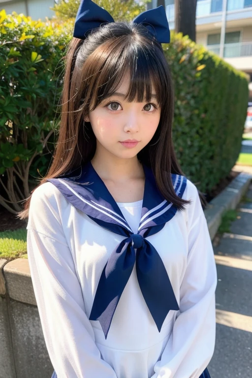 sailor uniform, One Woman, (Beautiful woman, delicate :1.3), Black Hair, bob cur hair, Patsun, 8k, Highest quality, masterpiece, Very detailed, Ultra-high resolution, Realistic, RAW Photos, Absolute Resolution, Black Hair, Navy blue sailor uniform, (Navy blue pleated skirt:1.4), Realistic high school girl, (White headband:1.4), Small breasts, expensive, Bright Blue Eyes, (In front of the school gate), smile, (standing pose:1.4), (one school bag on shoulder:1.4), (long skirt:1.4), slender female body, Blur the background, junior high school student, (looking at the camera:1.4)