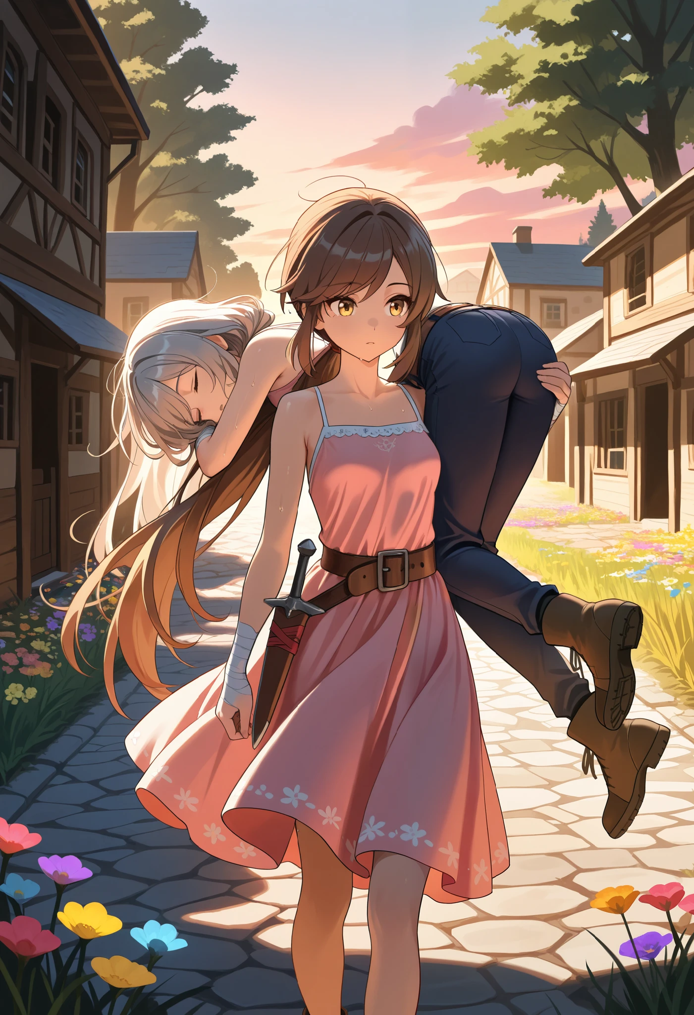 (masterpiece:1.2, Best Quality), (finely detailed beautiful eye: 1.2), (beautiful detailed face), carrying, carrying over shoulder, hand on ass, sweaty, tired, character: brown hair , sleeping, brown eyes , very long hair , swept bangs thin , small breasts , bare shoulders , pink sundress , backless sundress , bandaged hands , spaghetti strap sundress , sundress with white frill trim , brown belt , brown combat boots , dagger sheathe attached to belt , character: thin , messy hair, yellow eyes , long hair , gray hair , low ponytail , light skin , yellow eyes , ,gray sleeveless vest with white frill trim,thin, light gray sleeveless shirt, dark blue trousers, thin legs, thin thighs, dark red swordbelt, sword sheathe, sword pommel, shade, tree branches, tall grass, colorful flowers, cobblestone, village, people in background, windy, ruffling hair, dusk,