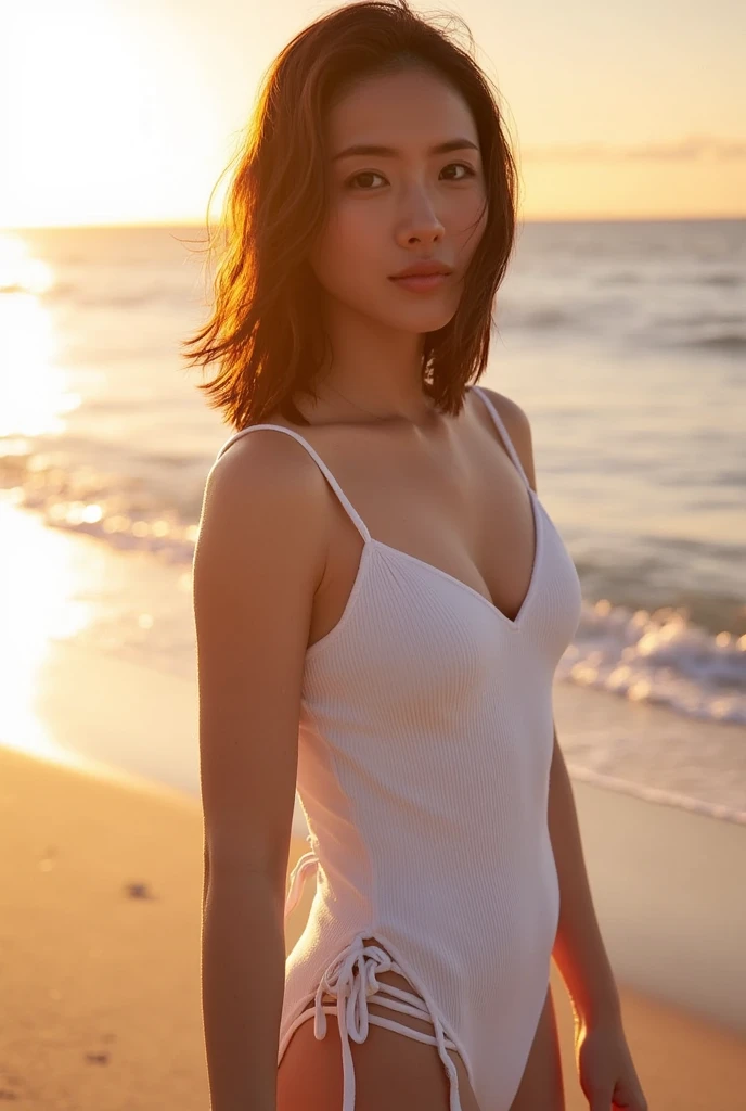 masterpiece, best quality, ultra quality, high quality, realistic, photo realistic, warm lighting,natural lighting,cinematic lighting,RAW photo, hyper detailed, intricate detailed, perfect anatomy, Fujifilm XT3,1girl,Japanese,(slender abs:1.3), cleavage,large hip,(camel toe:1.2), (Brown short wavy pixie hair over one eye:1.2), (from front:1.5),smile,(blushing:1.3),teary eyes,(standing:1.2),sunset,magic hour,blue moment,walking,beach,outdoor,(mideum shot), BREAK (wearing colorful sundress with floral pattern:1.3),