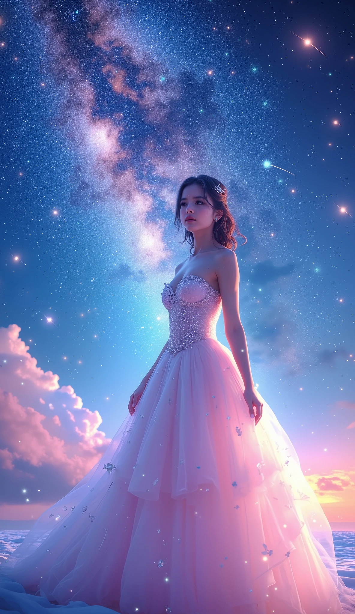 highdefinition images 、A beautiful girl stands in front of the colorful Milky Way galaxy 、 A shooting star passes by ( ( heart background ))、 ( smokey eye makeup )、 I'm wearing a white dress 、 pictures 、 Completely 、 perfect hands 、 Curved waist 、 very detailed skin、 wearing a pink gown where dusk rays destroy close-ups 、 of the best quality 、 deep shadow 、 Wear an 8k 、 DSLR 、 Kodak Ector 100 、XT3、F4、1/800s、ISO100、 Dreamy Worldview 、Events in a dream 。