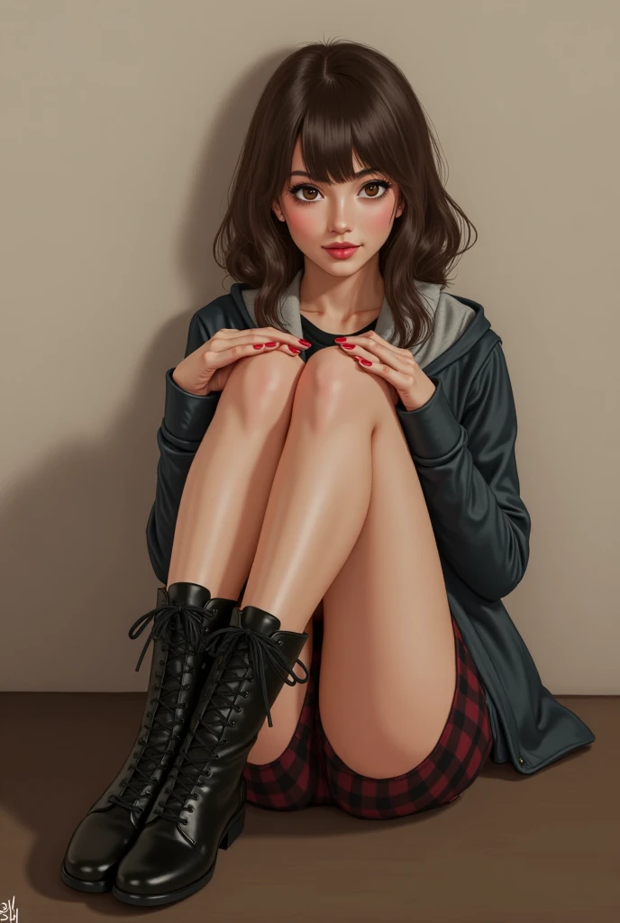 A low-angle perspective digital painting of a young woman with flowing, brunette hair that covers one eye, sitting on a chair with her legs crossed. The viewpoint is from below, drawing attention to her black high heels, particularly emphasizing the graceful arch of her foot. She wears a black leather jacket and a short skirt, exuding both elegance and authority. The background consists of a bright room with large windows, where natural light accentuates the softness of her skin and the polished sheen of her shoes. The image blends elements of femininity and strength, with a modern and sophisticated atmosphere.