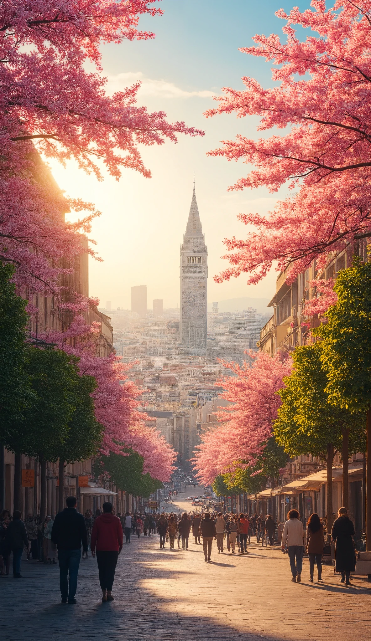 highdefinition images、Milan cityscape、People walking down the street々、 Flowers and trees々The beautiful city of、Mysterious Beings and Mysterious Colors Hidden in Tree Branches、 8k、 ( High quality cherry blossoms ) A City Full of Fantasy、 Milan's Soft Sunrise。