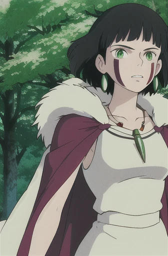 ghibli style, san \(mononoke hime\),
1girl, armlet, bangs, black hair, black undershirt, breasts, cape, circlet, earrings, facepaint, floating hair, forest, fur cape, green eyes, jewelry, looking at viewer, medium breasts, nature, necklace, outdoors, parted bangs, shirt, short hair, sleeveless, sleeveless shirt, solo, tooth necklace, tree, upper body, white shirt

, ((masterpiece))
