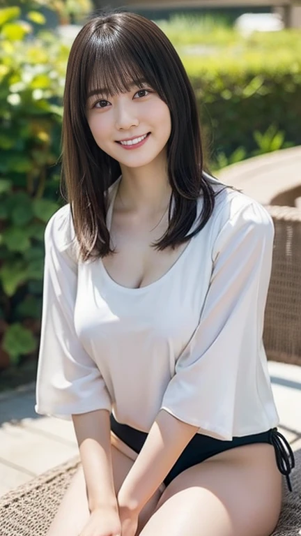 masterpiece:1.3), (8K, Realistic, RAW Photos, Best image quality: 1.4), Japanese schoolgirl、(Random Hairstyles:1.2)、Highly detailed face、Attention to detail、double eyelid、Chest to chest、Sharp focus:1.2、Beautiful woman:1.4、Light brown hair、Highest quality、masterpiece、Ultra-high resolution、(Realistic:1.4)、Highly detailed and professionally lit smiles、Loose、Summer clothes、thin、Smiling face、Short-haired、Deadly position、Bun Hair、whole body