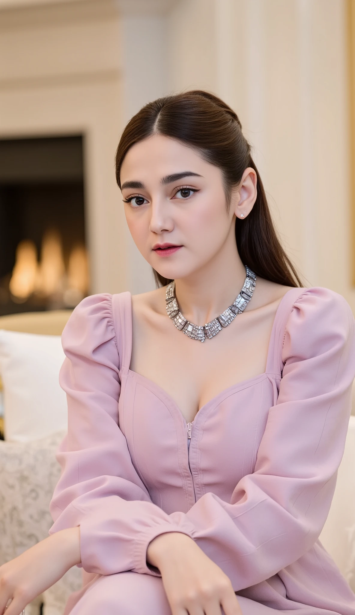 Portrait of a muscle korean woman wearing a traditional satin pasmina muslim outfit. she is sitting on a white couch in a living room with a fireplace in the background. the woman is wearing a long-sleeved pink dress with a high neckline and a statement necklace. she has a hijab on her head and is looking directly at the camera with a serious expression. the image is taken from a side angle, with the woman's body slightly angled towards the camera. the lighting is soft and natural, and the overall mood of the image is elegant and sophisticated.