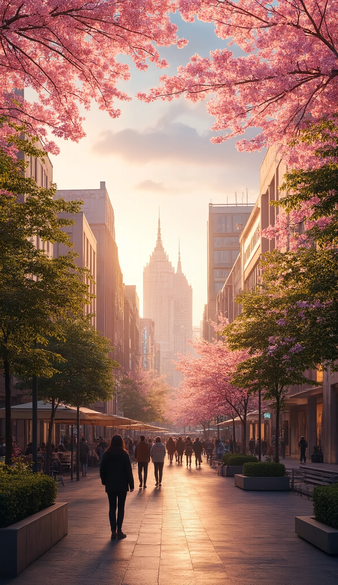 highdefinition images、Milan cityscape、People walking down the street々、 Flowers and trees々The beautiful city of、Mysterious Beings and Mysterious Colors Hidden in Tree Branches、 8k、 ( High quality cherry blossoms ) A City Full of Fantasy、 Milan's Soft Sunrise。