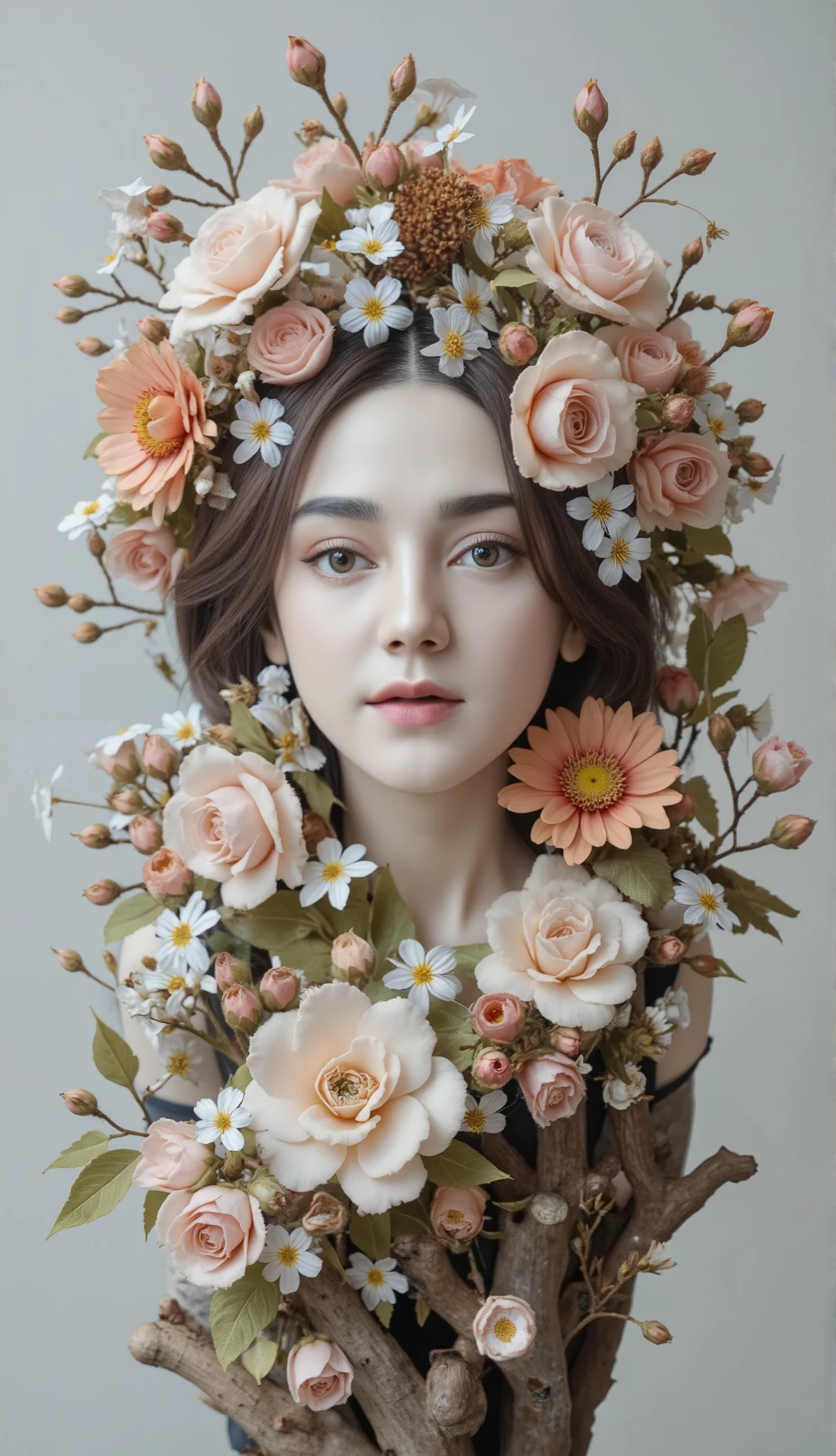 Sculpture of flowers and a woman's face made from porcelain, paper mâché, floral arrangement, wooden branches, porcelain leaves, and a porcelain tree, set against a white background. The sculpture features intricate details and a meticulous design, with a delicate and detailed illustration, soft colors, and gentle lighting. The close-up shot showcases the elegant composition in high resolution, creating a natural and lifelike appearance.