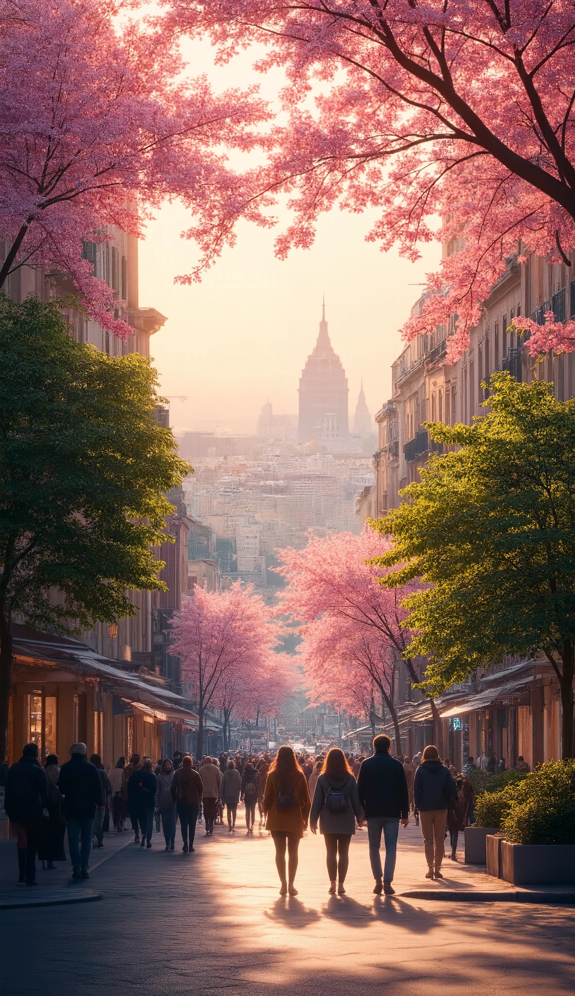 highdefinition images、Milan cityscape、People walking down the street々、 Flowers and trees々The beautiful city of、Mysterious Beings and Mysterious Colors Hidden in Tree Branches、 8k、 ( High quality cherry blossoms ) A City Full of Fantasy、 Milan's Soft Sunrise。