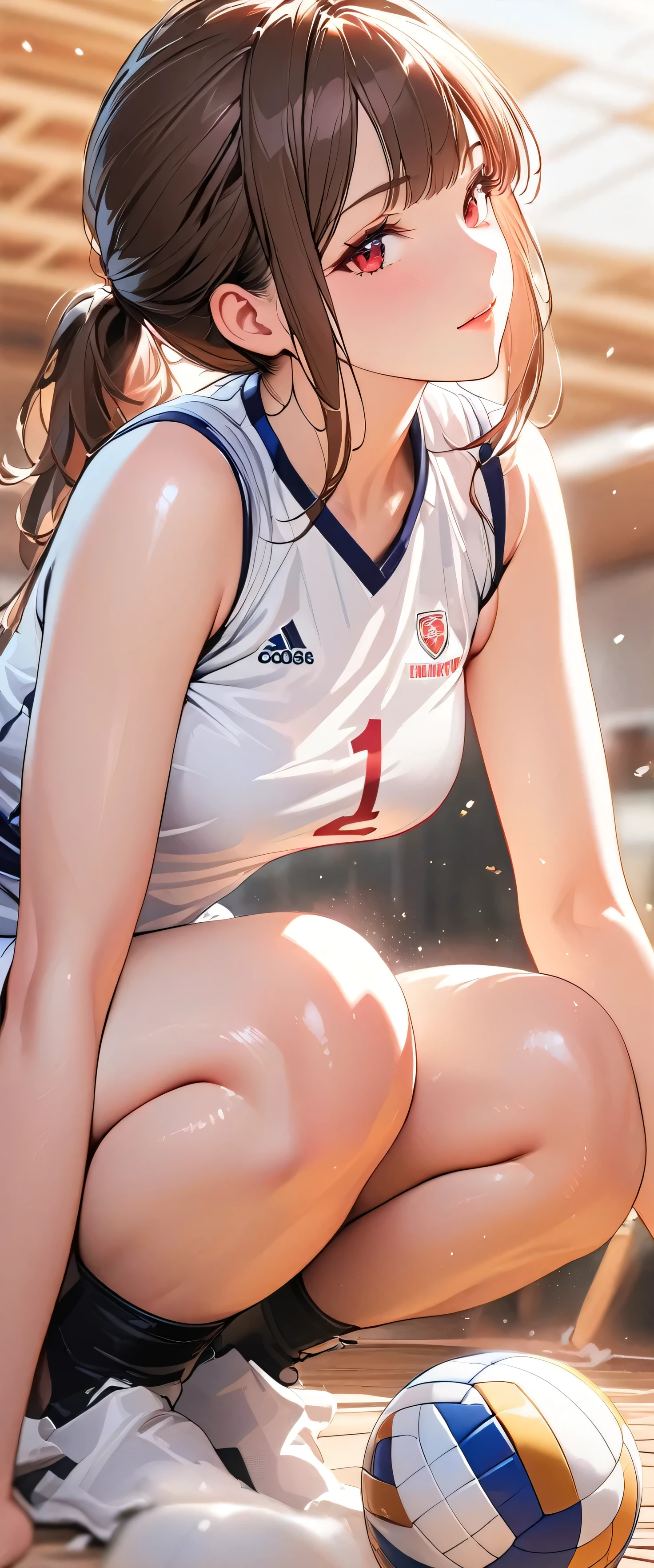 masterpiece:1.2, high quality, 最high quality, School gym, Basketball Uniforms, hair band, High-top sneakers, Glare, Red eyes, Long Hair, Black Hair, Red inner hair, ponytail, Hair between the eyes, Straight hair, 1 Girl, Jumping, Shoot from the side, whole body