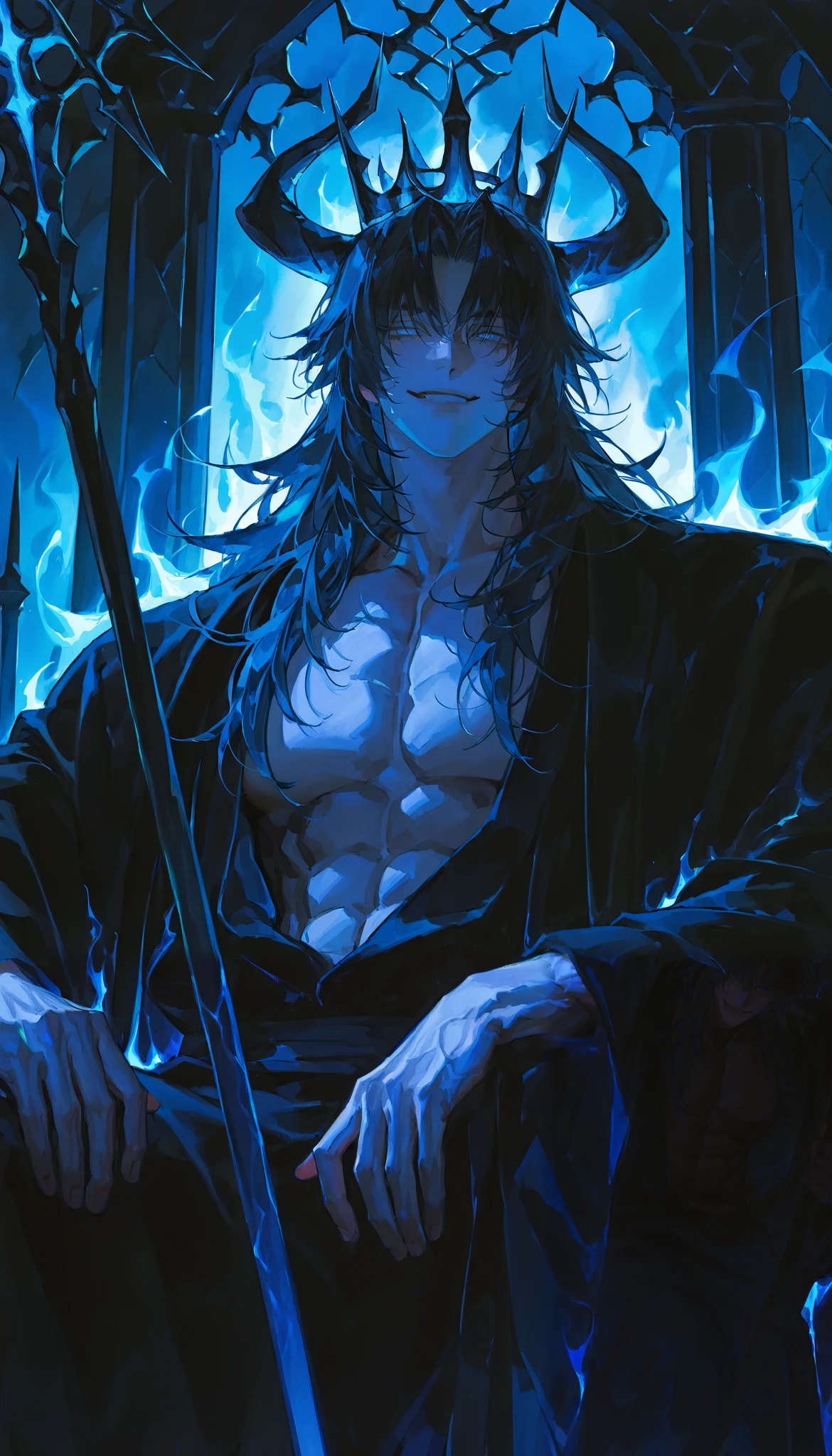 Young man, 1man ,Handsome,long hair,Solo painting,mature man, muscles,solo,alone,handsome,blue eyes, (open robe, fancy black robe, underworld background with blue flames behind a dark throne, holding one black staff, horns, proportionately correct, smirk), (((underworld king))), facing viewer, ((detailed face))