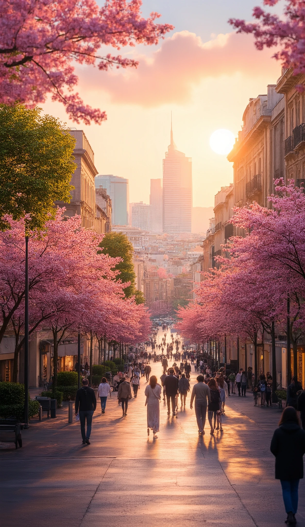 highdefinition images、Milan cityscape、People walking down the street々、 Flowers and trees々The beautiful city of、Mysterious Beings and Mysterious Colors Hidden in Tree Branches、 8k、 ( High quality cherry blossoms ) A City Full of Fantasy、 Milan's Soft Sunrise。