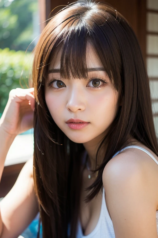 (highest quality:1.2, 8k, Sharp focus, masterpiece: 1.2, Natural light, Highly detailed CG, beautiful girl:1.2, reality, Detailed facial textures, Cute Bikini、Realistic Skin, Beautiful Makeup, Octane Rendering, grow, fine bangs)), (Depth of written boundary), Bokeh Background, smile, Long hair with detailed, vibrant two-tone brown and silver coloring, Cowboy Shot,  Wind, From the side、Realistic high quality photos、highest quality、Cute face