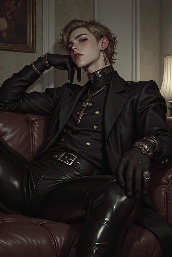 15 year old boy with white hair and a collar around his neck, Hands in handcuffs, Is on my knees, pitiful look, naked, in leather shorts, beads of sweat, Chains on the body, licks the boy's body