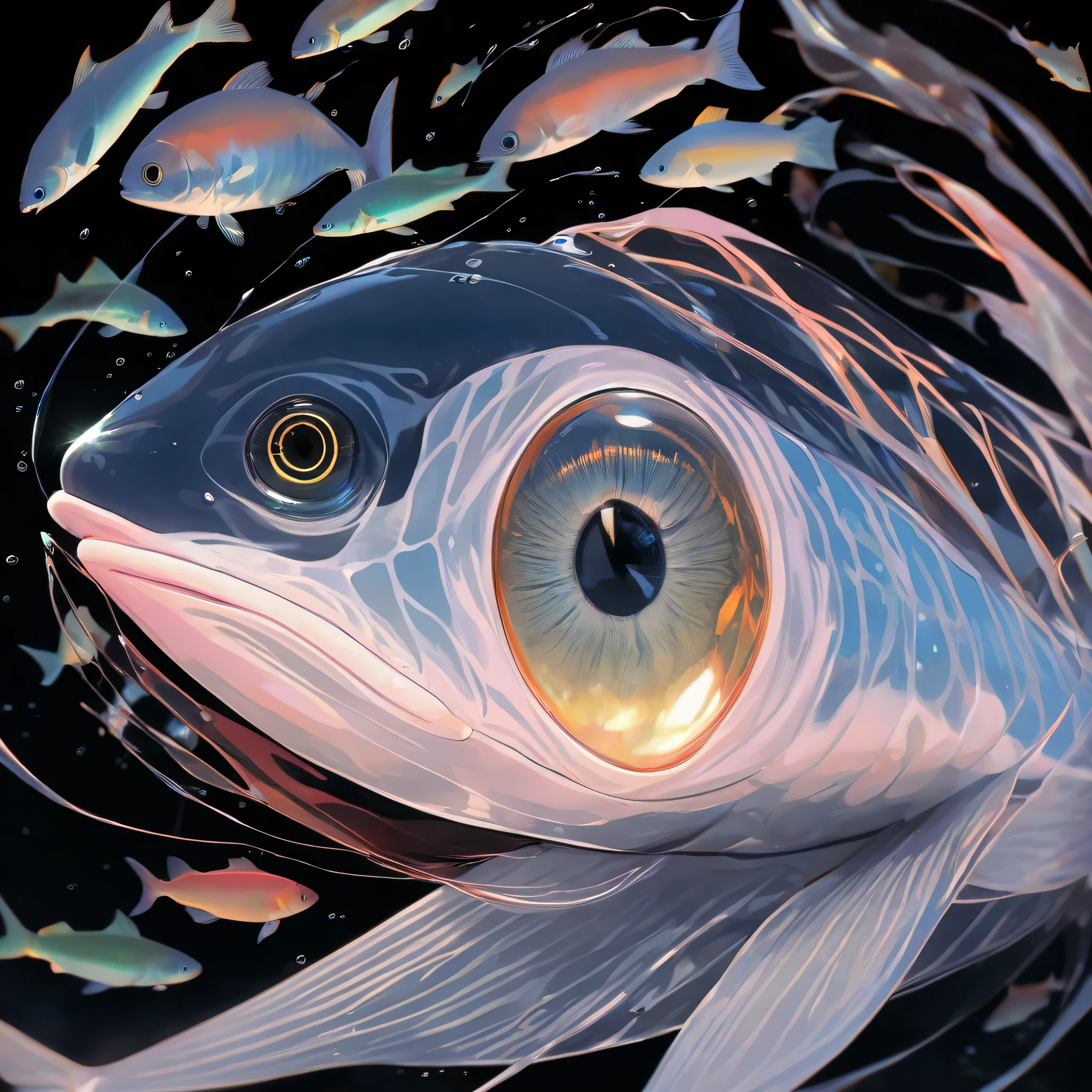 ((black background)), Floating eyes look like 6-inch long, semi-transparent fish with a single large eye located in the center of its body along its dorsal region. They are most often found underground in forgotten dungeon waterways and underground lakes and seas. The creature’s eye is capable of bioluminescence, and it has such minute control over the intensity and patterns of the light that it can mesmerize other creatures that see it. Floating eyes are part of an unusual symbiotic relationship with a variety of predatory fish, including sharks. Once the floating eye has mesmerized its prey, predatory fish move in and consume it. After they have eaten, the floating eye moves in and gorges itself on the scraps. Floating eyes are small saltwater fish that have transparent bodies and a single large eye about the size of a walnut located in the center of their body. Creatures meeting the gaze of a floating eye must succeed on a saving throw or stare blankly at the floating eye for 1d6+1 rounds. A swimming creature that fails its save does not sink, but floats on the surface of the water., (semi-transparent fish with a single large eye located in the center of its body along its dorsal region.)