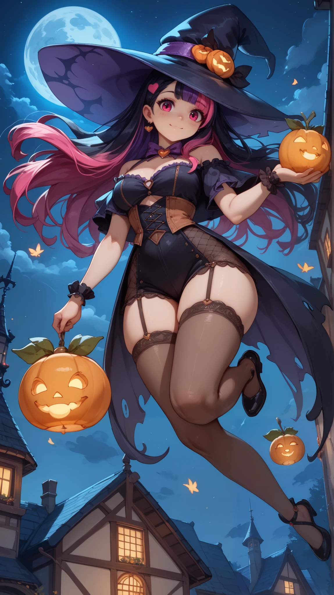 //Loras\\
<lora:Melody:0.6>
<lora:SmalleyHalloweenV1:0.8>
<lora:GoodHands-vanilla:1>
//Character Info\\
((1girl, ((solo)), melody, medium hair, purple hair, blue eyes, head gear, ponytail, two-tone hair, bangs, ((large breasts)), blush, grin, thighs, )),
//Clothes and Pose\\
((( choker, smalleyhallo, witch hat, arms behind back, crossed legs, standing, ))),
//Background\\
(( halloween background, pumpkin, candles, old city, )),
//Dynamic Pose and Angles\\
( dynamic pose, dynamic angle, nice hands, perfect hands, ),
//Image Definition\\
((masterpiece, best quality, cinematographic lights, ultra detailed, detailed face, perfect eyes, detailed skin, )),
