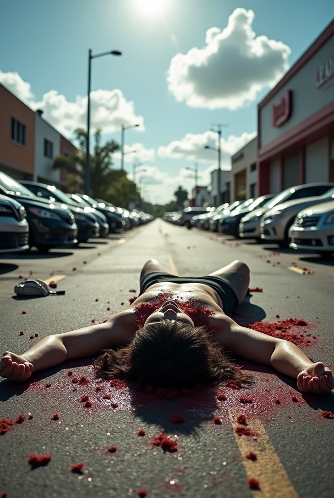 cinematic scene of a femicide. you can only see the woman's hand stained with blood. the blood flows between the joints of the pavement. 4k photo. super details, cinematic photo, 4k details, (((hd resolution)))