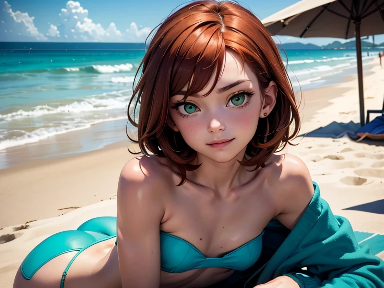 ((best quality)), ((masterpiece)), (detailed), 1woman, older woman, mature woman, 20 to 30 years old, ((extra long curly and wavy hair, red hair)), ((green eyes, vibrant eyes, empty eyes)), [freckles, body freckles], ((giant breasts)), ((Plump)), ((thighs)), spring break on the beach, ((party in the background)), ((bikini, sandals, sunhat)), spaghetti strap, ((not asian)), ((caucasian)), close-up on face