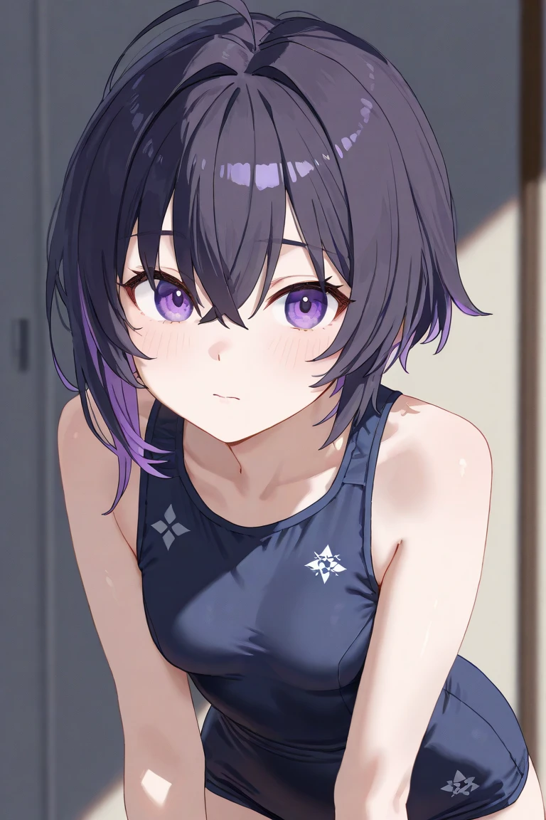 Girl。Short Hair。The eyes are head。Purple Hair。Flat Chest。A pose that emphasizes the armpits。A little erotic。Eye color: black。School Swimsuit
