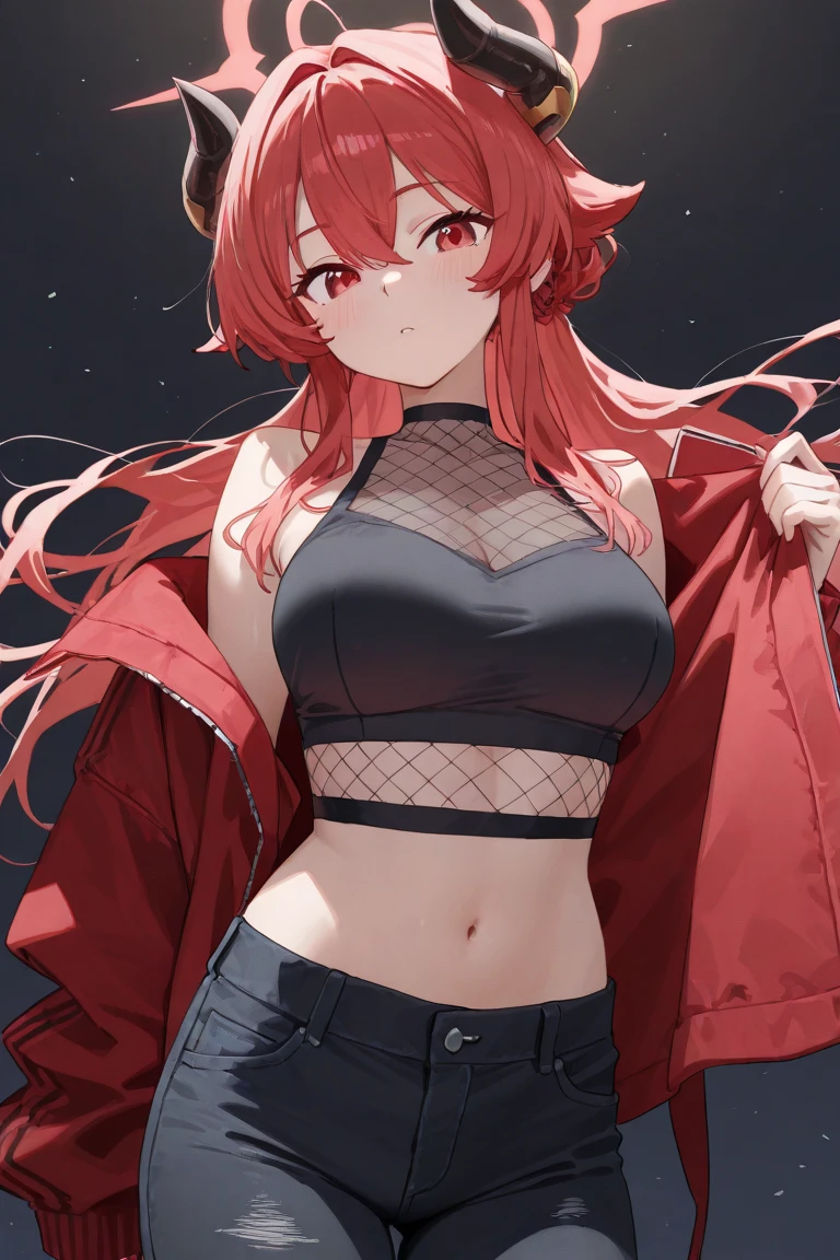 An anime girl with red hair and blue eyes wearing a skirt and an open shirt revealing a black and red lace bra