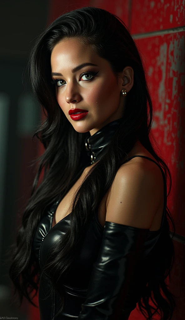 ultra realistic, photography, portrait, close-up, extreme close-up, long black straight hair, (30 years old, hazel eyes, hourglass figure, perfect fit body, slightly tanned skin, natural big breasts), red lipstick, femme fatale, she is wearing a tight black sheer turtleneck top, she has a tarantula crawling over her hand, 