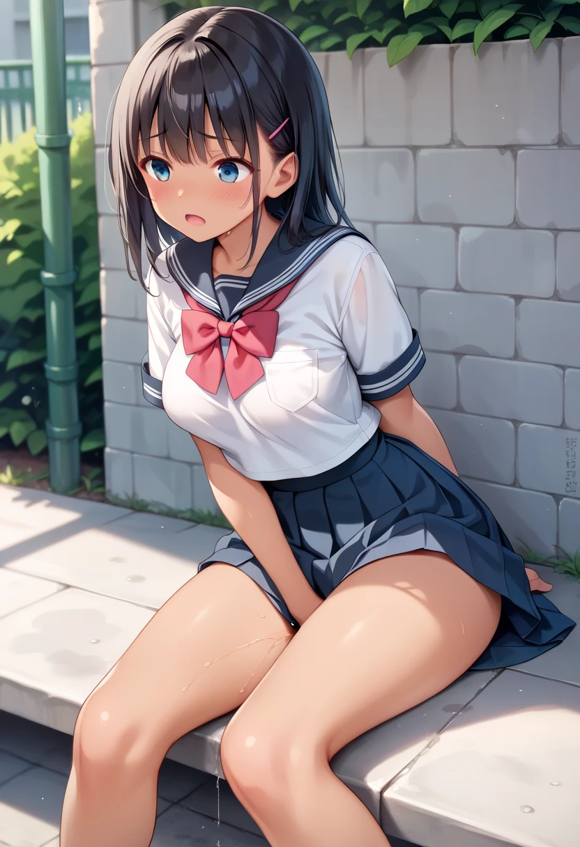 ((Highest quality,4K,Very detailed)),One Girl,Teenage Girl,Japanese students,,((gal,コgal,bad)),Bronze colored hair,(Side Ponytail),Scrunchies on the wrist,Earrings,Brown Skin,Sunburned skin,(Japanese students服,Sailor suit,Navy blue sailor suit),(Short skirt,Pleated skirt),(Crouching posture,Camel Toe,Spread your legs),Sweat-proof skin,Sweat,Water Drop,Contemptuous gaze,((Shooting from below, look up)),(Staring at the photographer),(loose socks,White loose socks,Below-the-knee loose socks:1.3),classroom,School classroom