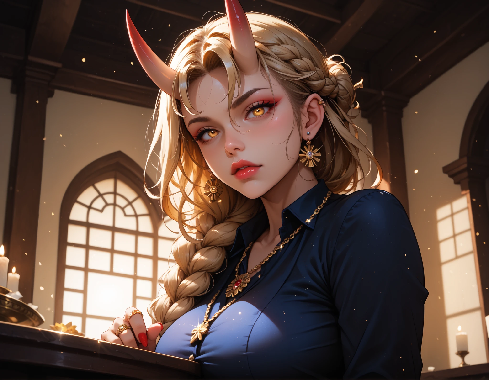 Watercolor, score_9, score_8_up, score_7_up, (Volumetric_lighting: 1.7), (masterpiece), (lora: detailed anime girlsXL), (lora: NoobAI-XL Detailer), (lora: smooth lighting enhancer) (lora: Detailed Background), (lora: NKxXmo's Shaded Face), (lora: SDXL high detailed. LoRA_SDXL_ARW_0010: 0.75), (lora: Waifu Eyes), detailed_face, 1woman, upper_body, from_side, (cowboy_shot), oni, solo, solo_focus, female_oni, oni_horns, oni_horns, long_hair, (blond_hair:1.2), sparkling_hair, glitter_hair, gold_eyes, Stone_necklace, busty, covered_forehead, (hair_between_eyes), sidelocks, flowing_hair, hair_in_braid , maroon_finger_nails, covered_breasts, white_blouse, pencil_skirt, black_skirt, standing, arms_infront, big_, piercings, necklace, gold_ring_sleeves, strong_jaw, covered_nipples, plush_lips, fare_skin, convention_hall, infront_of_Table, (masterpiece:1.2), (best quality:1.2), 8k, realistic, high_quality, detail_focused, foreshortening, blurry_background, (Diminishing scale perspective:1.3), ((forced_perspective))