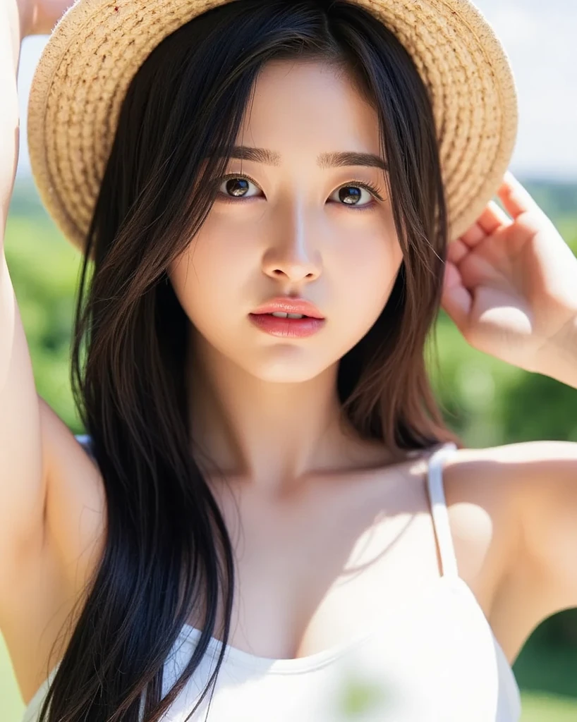 (RAW quality:1.4), Photo of a Japanese woman in white clothes (Lightweight tank top:1.4) , Big Breasts, (Side bust), Slim figure, cute, Shyness, , (((Thin and sexy clothes:1.4))), I can see my belly button, Black Hair, short hair, Big straw hat, Looking at the audience, realism, Video Effects, Volume measurement Lighting, Volume measurement Light, Volume measurement, Midsummer, blue sky, cumulonimbus, Advanced Details, Detailed and complex, Intricate details, high Intricate details, More information, Confused, High resolution, Medium Shot, Single Shot, Shallow focus, lips, Blurred Background,