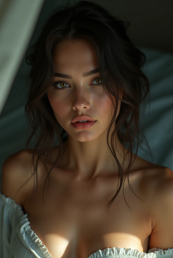 (Fictional realizem:1.2), beautiful woman with golden-brown skin, She has clear, wide, green eyes, a monobrow, a turned-up nose and defined cheekbones. She has medium-length, straight, black hair, big boobs
(ANGLE FROM TOP TO DOWN, ANGLE FROM HEAD TO STOMACH