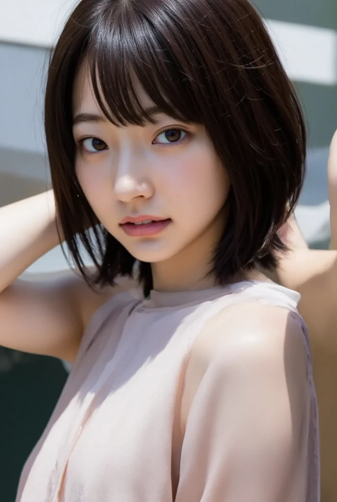 Highest quality、masterpiece、High resolution、One Girl,alone,RAW Photos,Real person, Detailed skin,Japanese,Black Hair、thin bunches of bangs, shortcut, Shaggy Cut, ,whole body、Completely naked、Fully visible