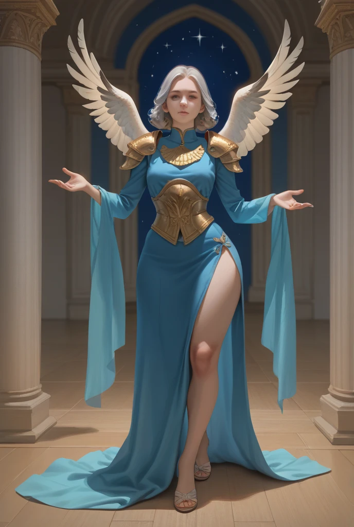 Cute girl, Long white hair, ancient Greek warrior helmet, short white dress underneath, brown belt, wraps on her hands, iron wings, big breasts, short skirt.