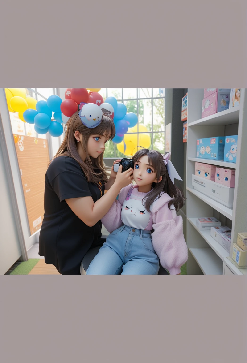 Inside a colorful children's hair salon a woman is shampooing a baby, there are many hairdressing tools such as hair dryers, combs, products in colorful bottles --auto --s2