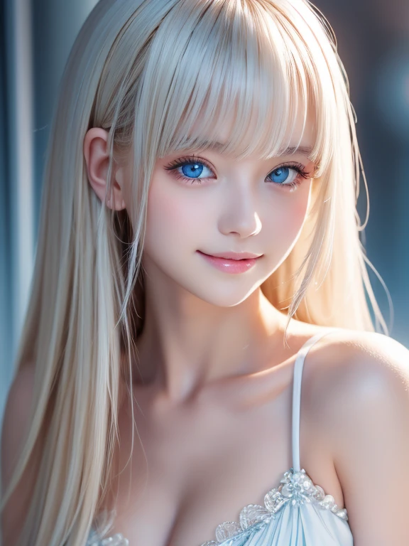 Extraordinary sexy beauty、Beautiful, A kind and bright expression、Sexy and refreshing look、Perfect beautiful pretty face、Super long ponytail、bangs over eyes、Hair on the face、Super long, natural platinum blonde straight hair with a mysterious shine、Beautiful facial hair、Very cute beautiful sexy young little woman、So perfect and beautiful, pretty face、Big Breasts, Very beautiful, bright blue eyes,、Very white, youthful and bright skin、Small Face Beauty、Round face