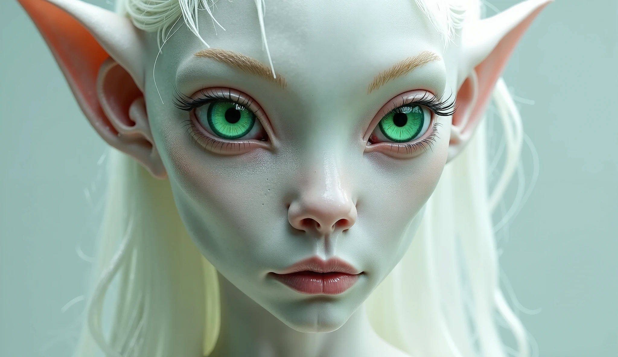 Portrait of a confused sexy female grey alien inside a ufo with very huge tits. Close up