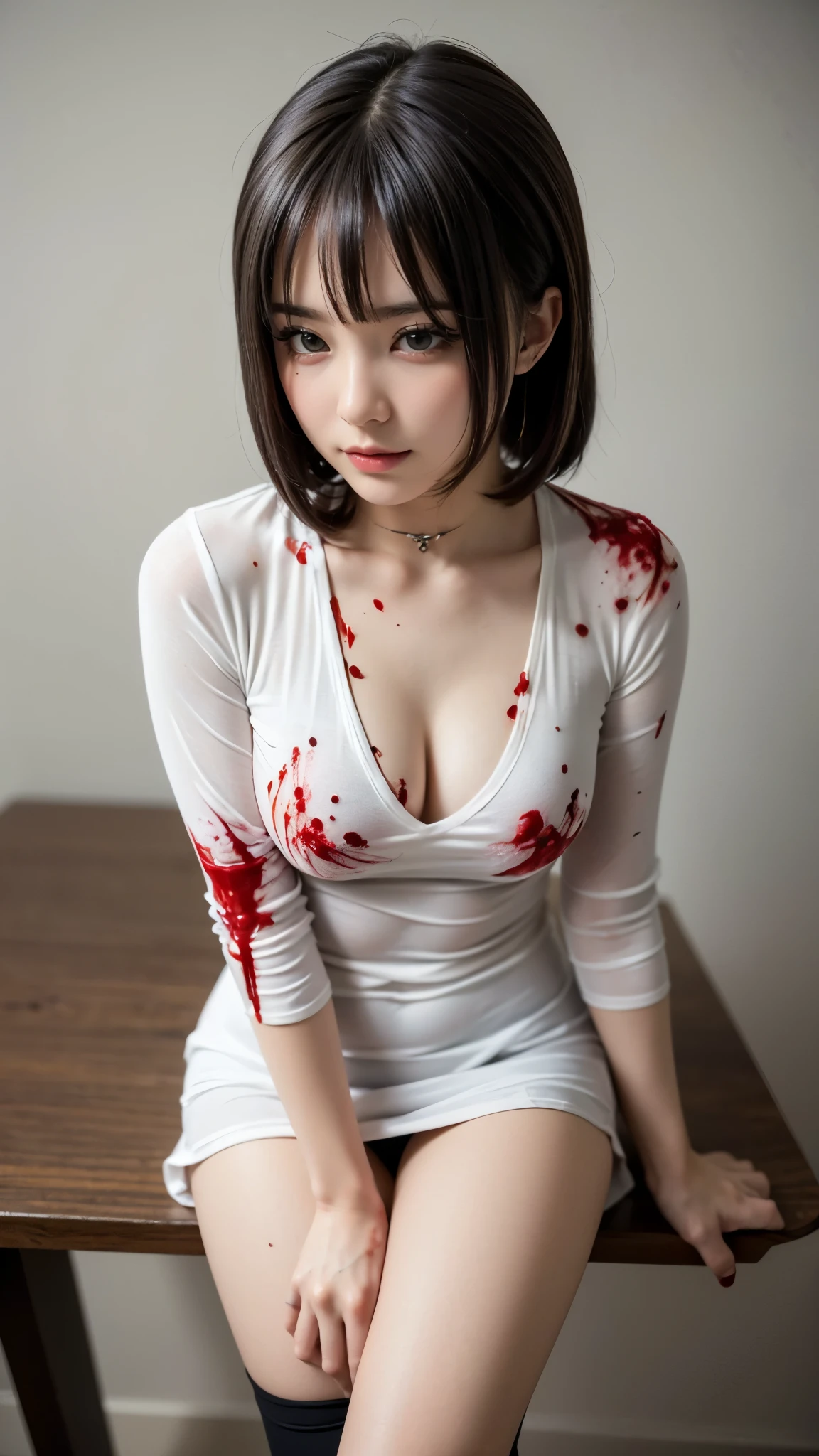 table top, of the best quality, masterpiece, reality, Ultra Fine, very detailed, finely, high definition, 8k Wallpaper, front view, Japanese high school girl, cowboy shot, ((wearing a uniform)), (((衣装にLots of bloodが付着、肌にLots of blood糊、Lots of blood:1.2))), beautiful and delicate eyes that fall below the knee, wonderful hairstyle, medium hair, (emphasized small beautiful breasts), Natural Colored Lips, Random Sexy Pose,big city, midnight, beautifully detailed eyes and face, Perfect and beautiful small face, big eyes, (PERFECT ANATOMY:1.2), (((background with blood scattered)))