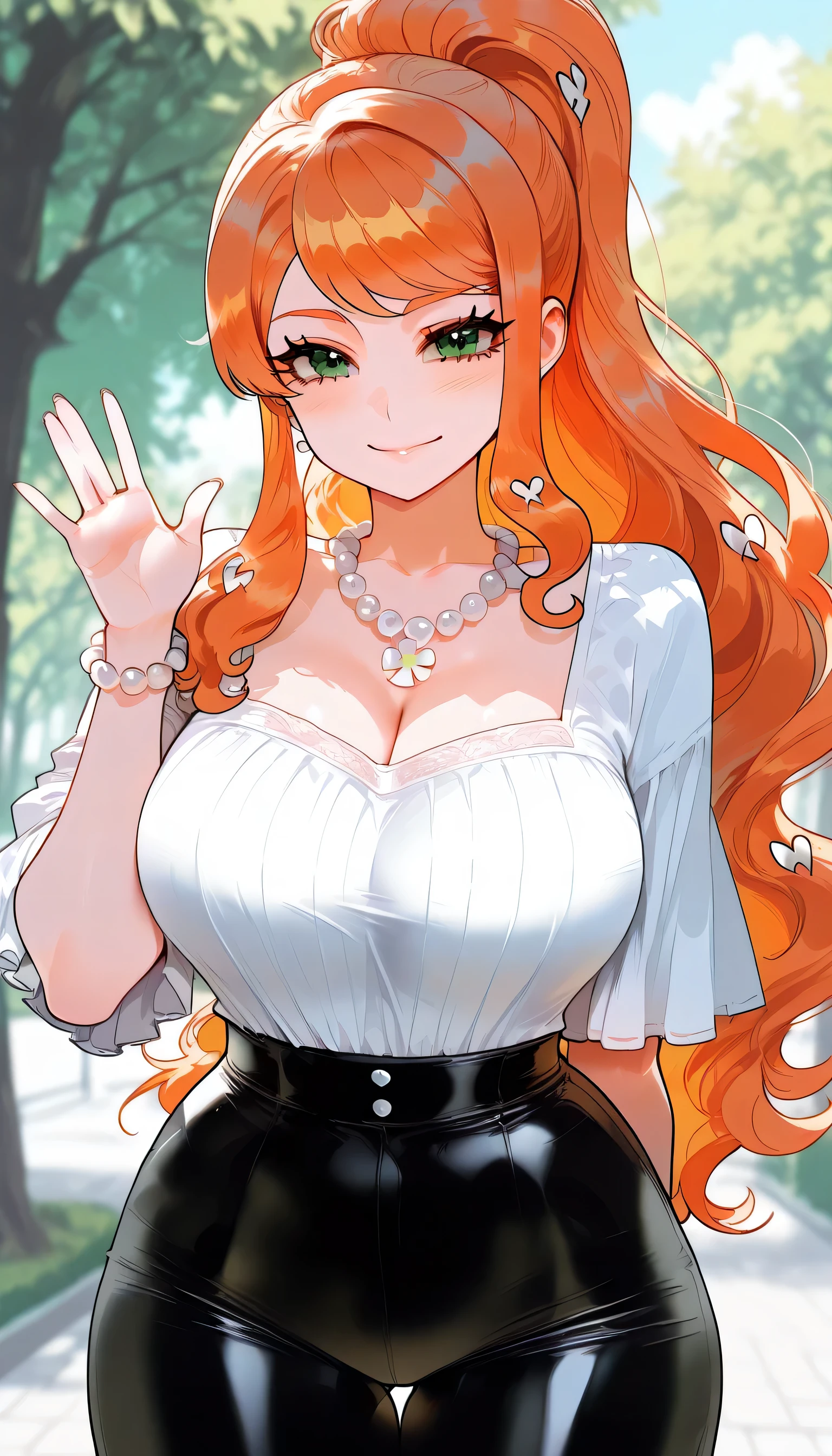 Sonia, a age girl, orange hair with a ponytail, green eyes, big breasts, she is wearing black latex pants, she is wearing a sexy white blouse with a low neckline, a pearl bracelet and a pearl necklace, she is standing in the park waving with a cheerful smile.