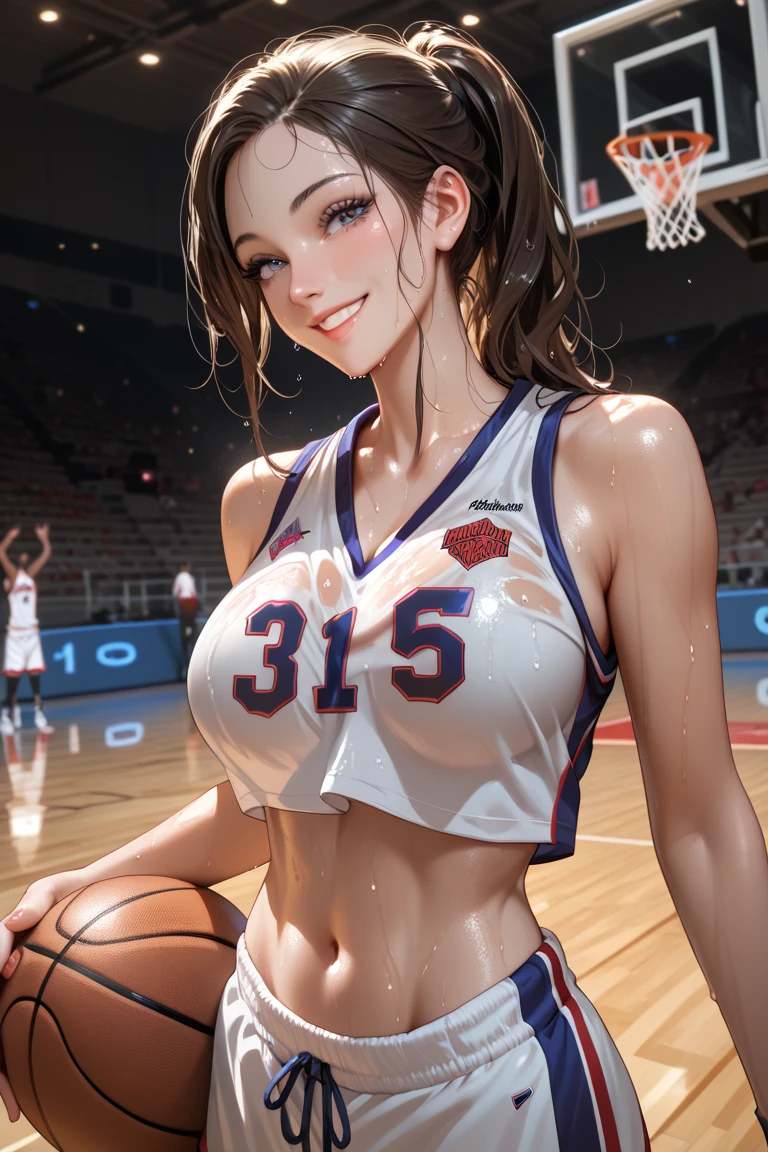 Masterpiece: 1.2, best quality), realistic, (real picture, rich details details, depth of field), (1girl, solo), makeup, cleft lip, high detail, perfect face shape, (big breasts: 1.4), (skindentation), thick thighs, wide buttocks, Thin waist, tall, coral, red lips, red eyes, ponytail, (((((basketball girl, transparent basketball suit)))), (sweat: 1.2), (wet), sexy, blushing, sweaty,Off-the-shoulder clothing,Emphasize cleavage, sexy, huge breast,Emphasize the hips backward,detailed hands,detailed eyes,Textured Skin, Super Detail, High Detail, High Quality, Award Winning, Top Quality, High Resolution, 1080P, HD, 4K, 8k, 16k