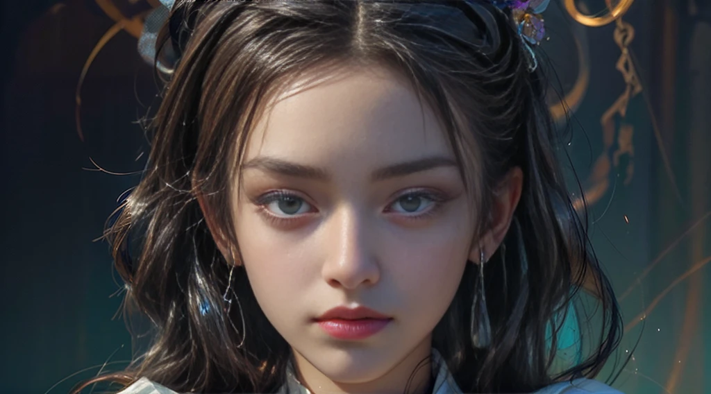 streaked hair, black hair, hair behind ear, beret, mole under eye, eye reflection, aqua eyes, blush, ear blush, saliva trail, fang out, close-up, Surrealism, depth of field, Surrealism, depth of field --auto