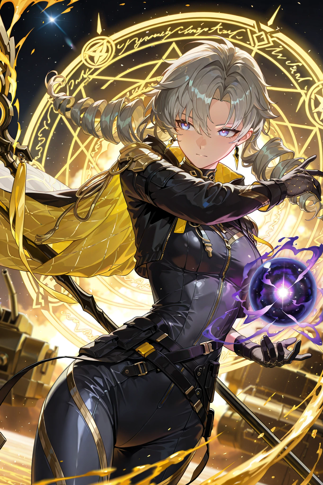 style of [arknights|(748cmstyle:0.88)], god rays, vivid colours, light stream, colour splotches, cinematic shot, mature, young adult, masterpiece, best quality, amazing quality, very aesthetic, high resolution, ultra-detailed, absurdres,
(1girl, woman:0.95), solo, alone,(dynamic pose, side eye, upper body focus, dutch angle, three quarter view, close up, cowboy shot:1.2), (Bron, Fol003, Br_Dmb:0.22), gray hair, gold hair, twin drills, Shorekeeper /(wuthering waves/), astral galactic space eyes, cosmic eyes, scrying orb, orb magic, magic circle, golden aura, liquid staff, quantum void mage staff, artillery staff, heavy staff, cybernetic lines, lace gloves, bodysuit, waist jacket, shoulder cape, golden ornaments, novuschroma79 style, glitch art photo
BREAK, depth of field, volumetric lighting
 