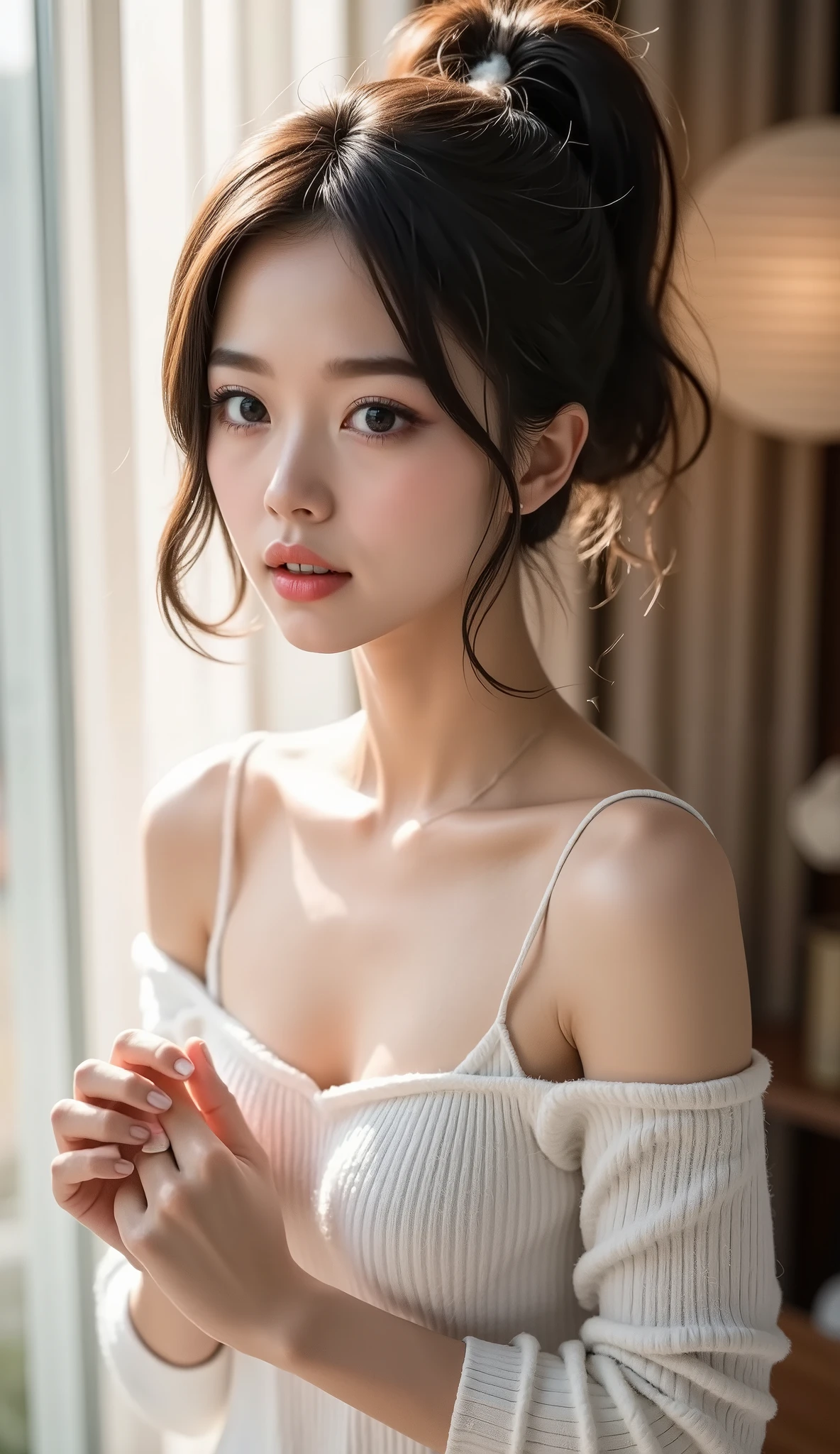 (best qualtiy、8K、32 k、masterpiece、nffsw:1.2)、Highly charming forward with short pictures of cute Japanese women:1.3))、(From above:1.2)、(a closeup:1.4)、POV、Spacious apron、Cute apron、No panties、large full breasts、(beautiful nipple slips:0.9)、Turhini skin、kitchin、Sit in the sink、Spread Leg、