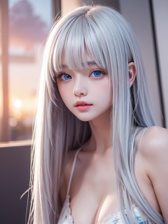 silver shiny hair、Super long straight silky hair、Dazzling blonde super long silky hair、16 years old cute little beautiful face、A beautiful girl、Sparkling blonde dancing in front of a pretty face、Long, silky bangs that cover the space between the eyes、Very beautiful, bright, large, light blue eyes、Very big eyes、Hair that hides the face、Sexy pretty young woman with super long bangs、Very white skin、Cheek gloss highlighter、Small Face Beauty、Round face、Cute Shirts、Ample Bust, embarrassed face、Skinny jeans and t-shirt、Smiling Face、