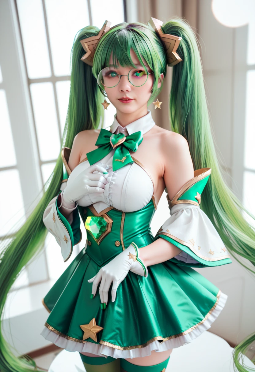 (masterpiece, highest quality, highest quality, Official Art, beauty & aesthetics: 1.2), High resolution, High Contrast, Wide-angle lens, One girl, alone, Long Hair, Green Hair, bangs, View Viewer, Relaxed facial expression, Obvious golden eyes, Long and bright eyebrows, Soft Makeup, Gradient Lip, Big Breasts, Hourglass Shape, Long fingers, Realistic illustrations, (Calm tone: 1.3), (Very detailed: 1.2), Daytime, Restaurant Background, Private Maid, Twin tails, very Long Hair, Cat ear, Maid&#39;s Headdress, Hair Clip, Cleavage, Neck bell, bow, Maid Apron, White gloves, elbow gloves, Garter Straps, White knee socks, 