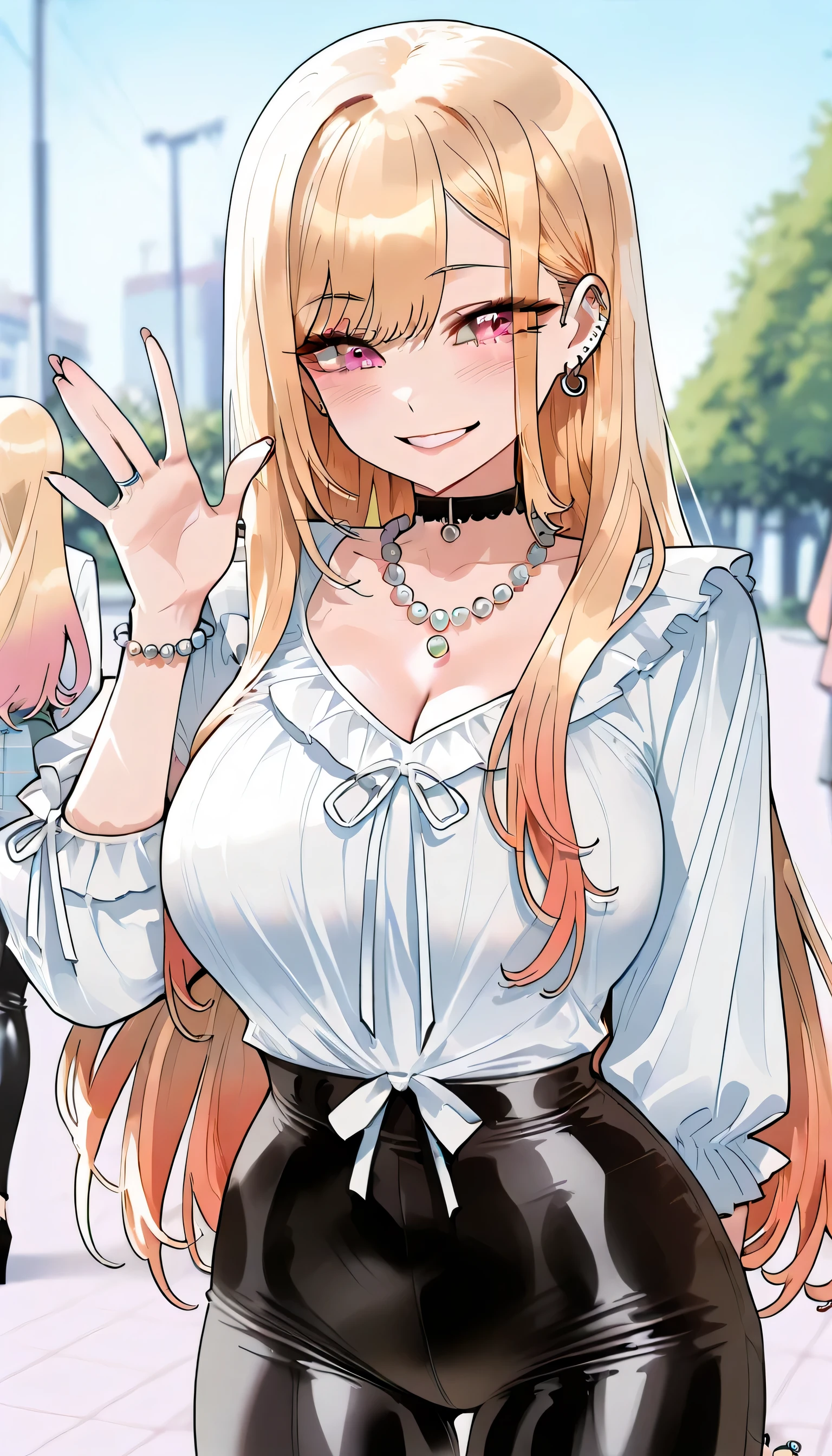 Marin Kitagawa, age girl, long blonde hair, pink eyes, big breasts, she is wearing tight latex pants, she is wearing a sexy white blouse with a neckline, pearl bracelet and pearl necklace, she is standing waving with a smile in the park.