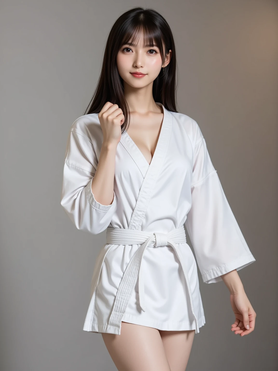 ((((highest quality))))、(((Ultra-precision CG16K wallpaper)))、(((masterpiece)))、(((Super detailed)))、(((super extreme details)))、1people's women、 female、18 year old female、((korean face))、((very beautiful face))、((K-pop idol、HAERIN:1.5))、((straight semi-long hair:1.3))、(shiny hair)、bangs up to eyebrows、beautiful brown hair、beautiful delicate eyes、brown eyes、raised eyebrows、high nose、small nostrils、small mouth、seductive lips、mouth slightly open、beautiful breasts、C cup size breasts、cleavage、plump body、perfect proportions、perfect anatomy、perfect composition、beautiful detailed shading、beautiful natural lighting、beautiful detail glow、Depth of bounds written、(((High chroma)))、(((real:1.9)))、((vivid:1.4))、((beautiful skin))、((skin texture))、((realな皮膚感))、(((cowboy shot:1.5)))、((Angle seen from the front:1.5))、((smile:1.4))、(Eyes looking at me:1.3)、bright sunshine、(((judo hall:1.3)))、(standing pose:1.5)、(((white judo clothes:1.5))、