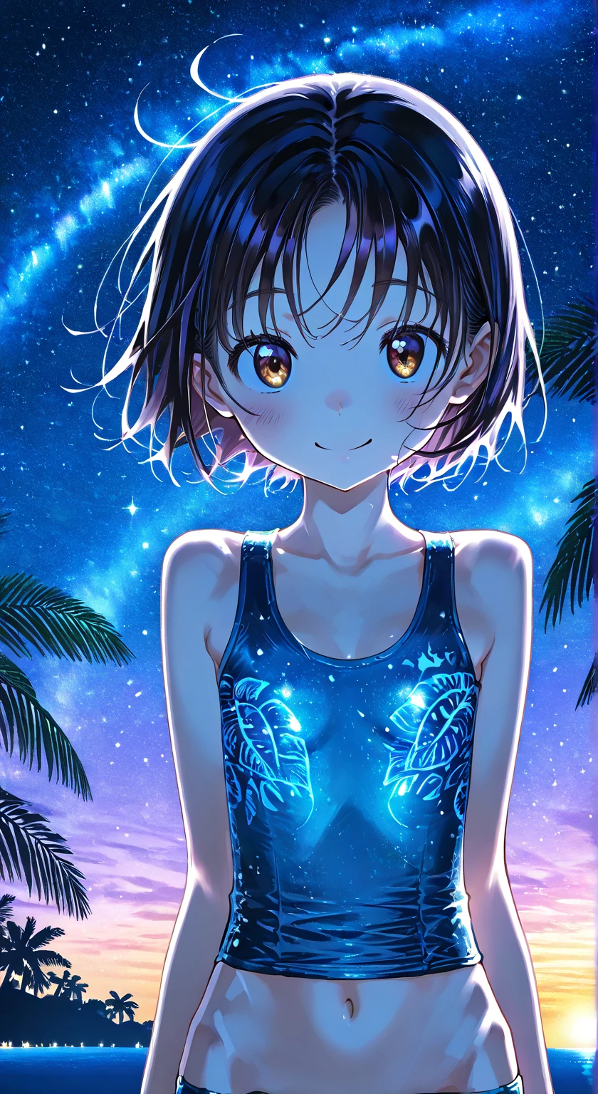 beautiful starry night, a beautiful girl in a neon swimsuit sits on the shore, which glows in the dark, the girl's hair flutters in the wind shimmering with light-ar 3:4 - Niji 6