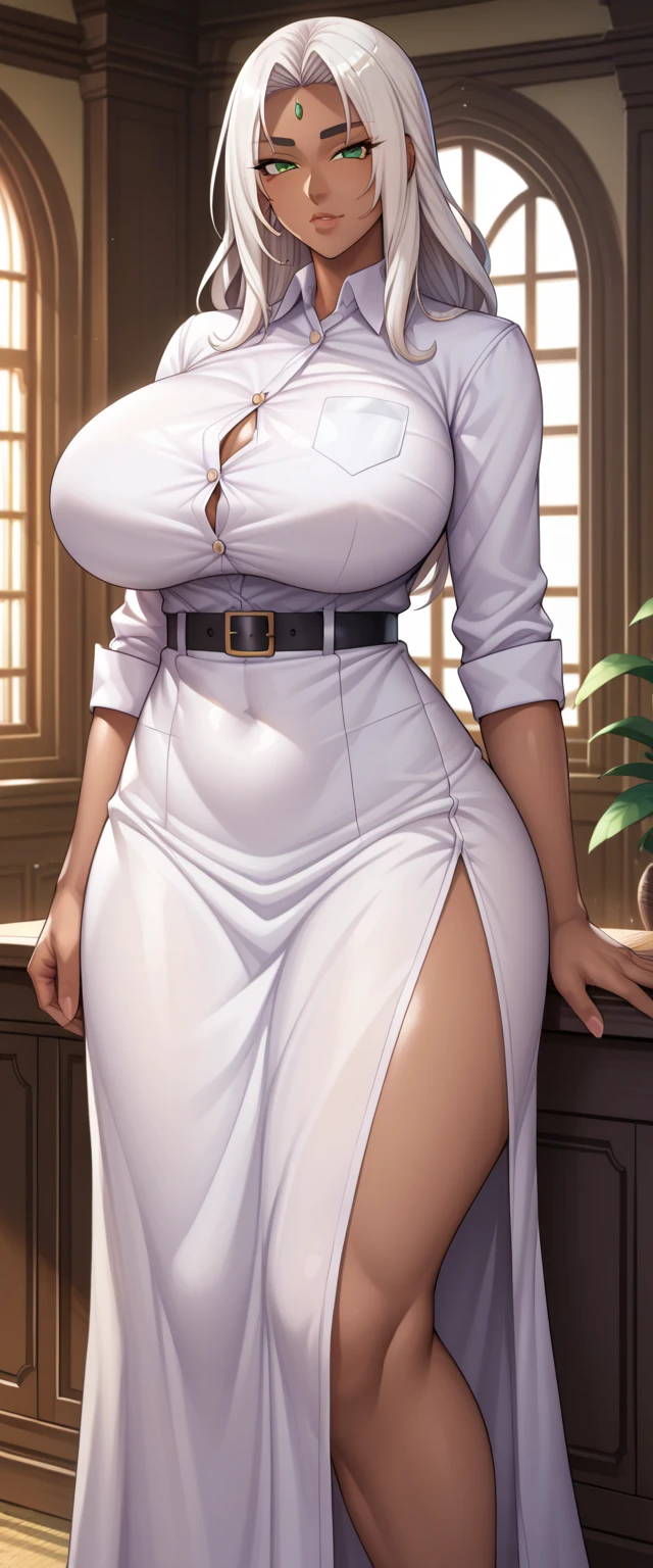 Night time,(Masterpiece), Best Quality, ultra-detailed, 1girl (eri,  Slender and sexy body, huge breasts, wide hips,   brown hair, single hair bun, brown eyes,half-closed eyes, spectacles), evil face, smirk,parted lips, mascara, full makeup, red lipstick,  facing viewer, looking at viewer, solo, opera dress( staples dress), ornate dress, long dress, cleavage, bows, in the  livingroom, standing,  Sexy waist teasing , come-on, lure , Full-body 