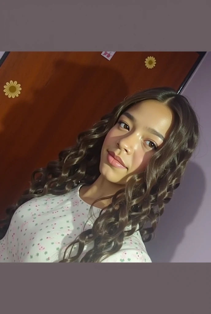 girl in pink shirt leaning against a refrigerator, curly hair, with curls, young Brazilian with fair skin, curly brown hair, with long curly hair, long curly hair, with a curly perm, alanis guillen, curly hair, by Amelia Peláez, by Nándor Katona, curly afro, by Emerson Silva